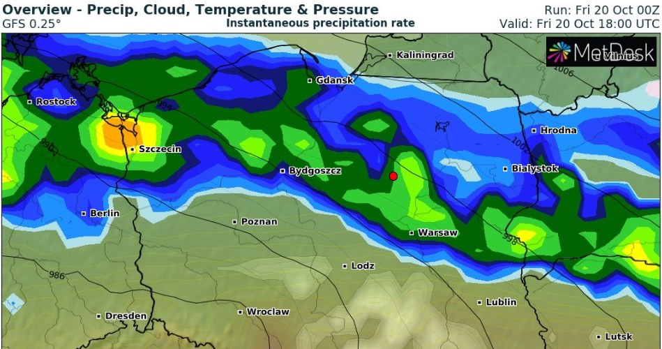W piątek na północy będzie chłodno, z opadami deszczu i deszczu ze śniegiem. Na południu będzie cieplej i znacznie spokojniej /wxcharts /