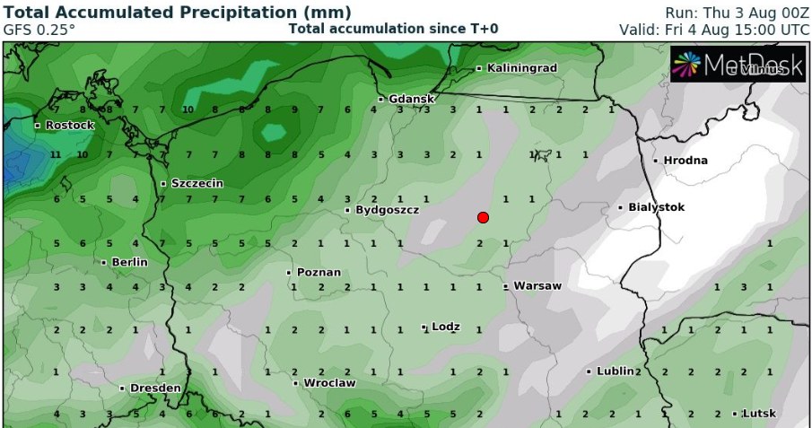 W piątek na północy kraju będzie miejscami padać deszcz, jednak nieco słabiej niż dzień wcześniej /wxcharts /