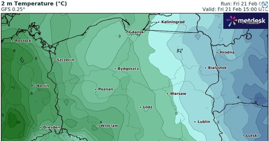 W piątek najchłodniejszą częścią kraju będzie północny wschód, gdzie będzie mroźnie. Z kolei na południowym zachodzie termometry pokażą nawet 8 stopni powyżej zera /wxcharts /