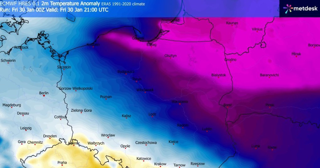 W piątek najmroźniej będzie na północnym wschodzie. W nocy w tym rejonie temperatura może spaść nawet do około -20 stopni /WXCharts /