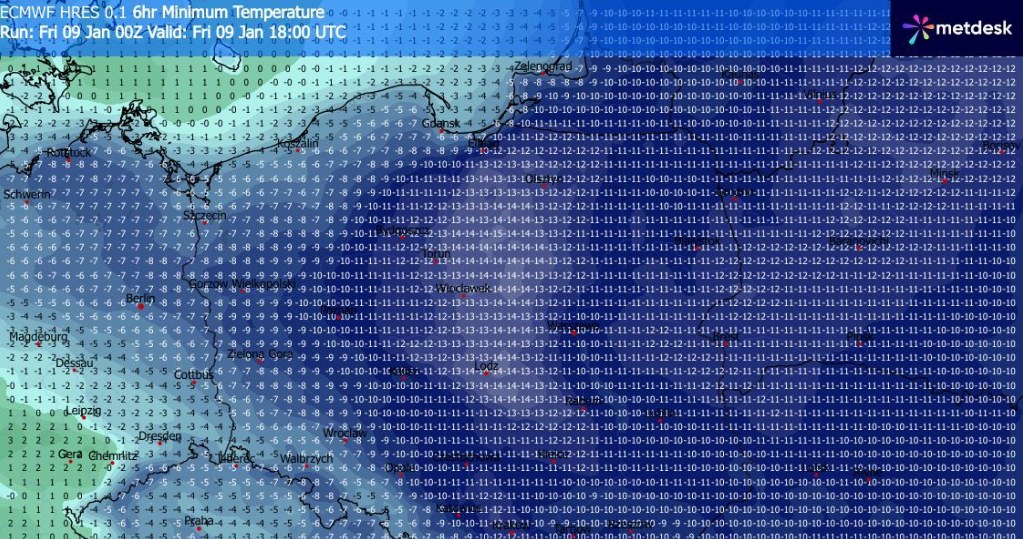 W piątek nawet w ciągu dnia trzeba się liczyć z kilkunastostopniowym mrozem w wielu miejscach - prognozuje IMGW /WXCharts /