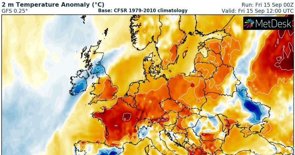 W piątek pogodę w Polsce kształtować będzie nadciągający z zachodu wyż Quiteria. Przez cały dzień będzie słonecznie i sucho /wxcharts /