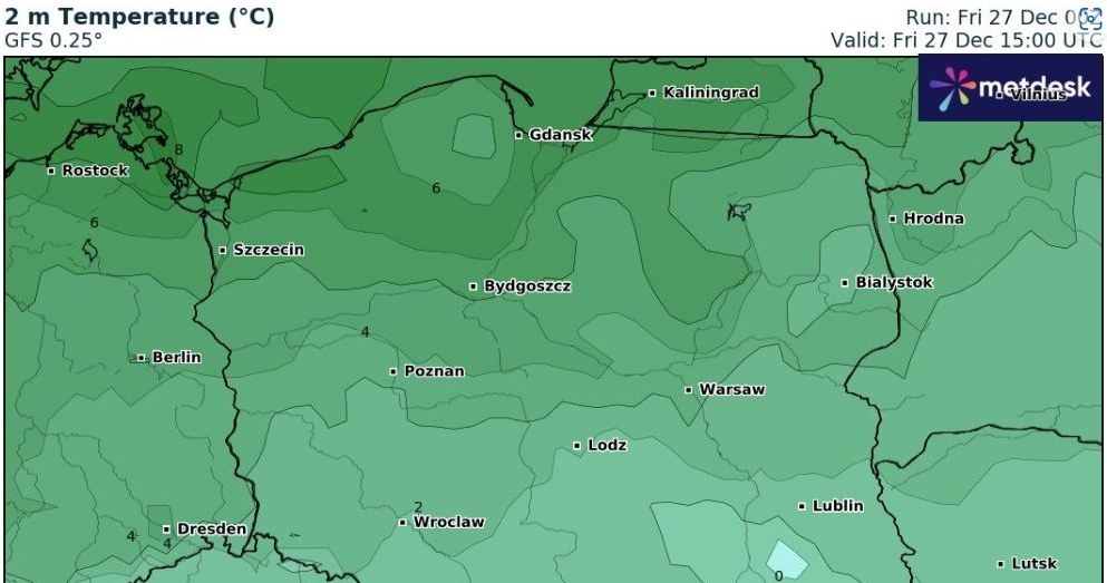 W piątek Polska podzieli się na cieplejszą północ i wyraźnie chłodniejsze południe, gdzie miejscami w ciągu dnia będzie około zera stopni /wxcharts /
