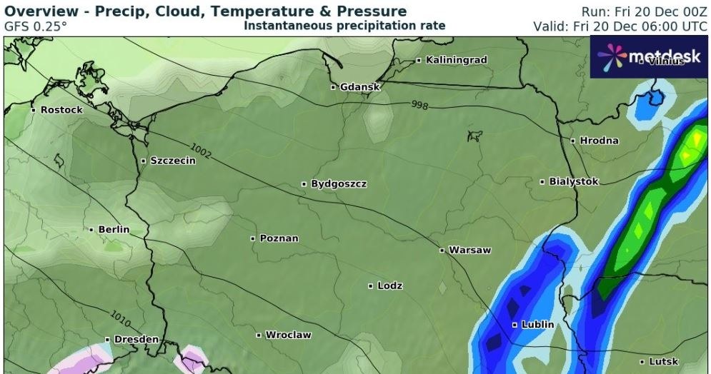 W piątek w wielu miejscach będzie padać przelotny deszcz oraz deszcz ze śniegiem, zaś w górach również sam śnieg /wxcharts /