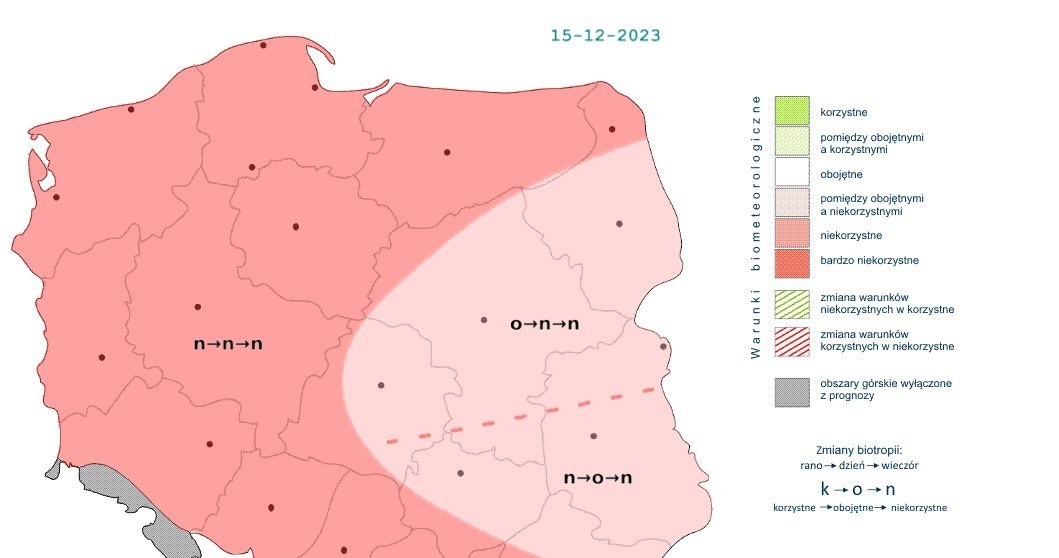 W piątek warunki biometeorologiczne będą niekorzystne, jedynie w centrum i na wschodzie okresowo obojętne /IMGW /