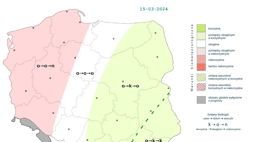 W piątek warunki w dużej części kraju będą korzystne lub obojętne. Na zachodzie pod koniec dnia staną się niekorzystne /IMGW /