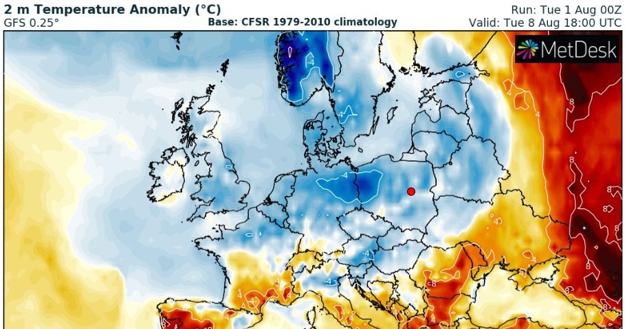 W pierwszej połowie sierpnia w Polsce będzie znacznie chłodniej niż w lipcu. Sytuacja zmieni się w połowie miesiąca /wxcharts /