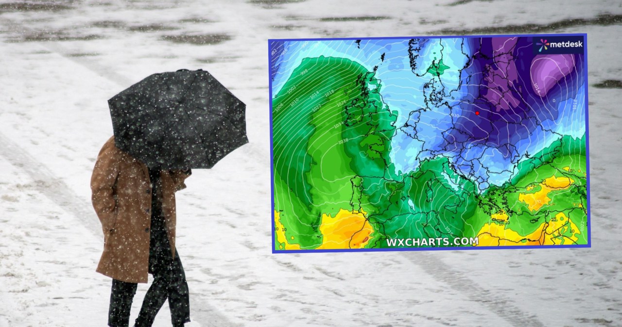 W Polsce masy zimnego powietrza ścierają się z ciepłymi napływającymi z zachodu. Będzie padał śnieg i deszcz ze śniegiem, a temperatury przeważnie będą dodatnie /neydt/123rf/WXCHARTS /