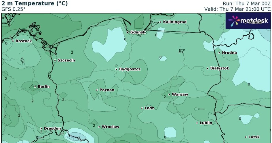 W Polsce wciąż utrzymują się nocne i poranne przymrozki, a w ciągu dnia na Podhalu może być -2 st. C /wxcharts /