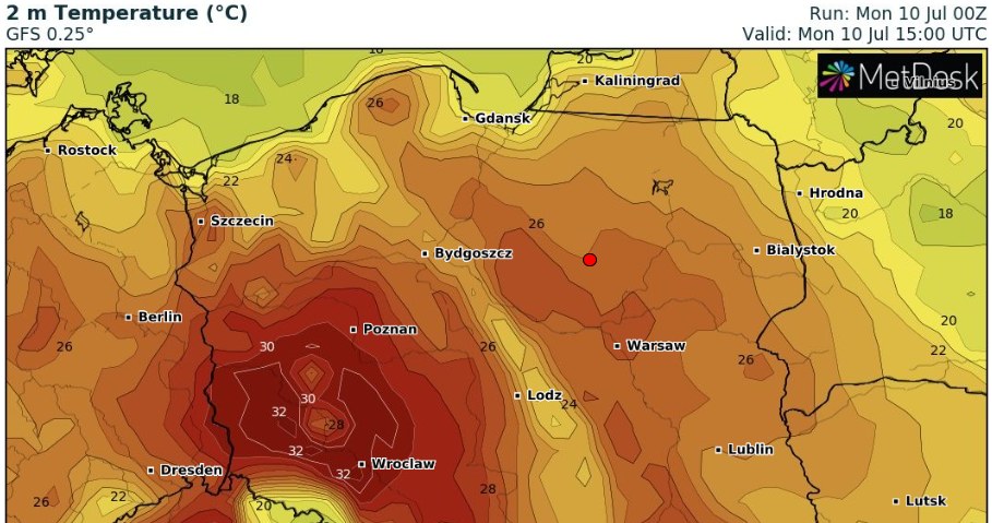 W poniedziałek będzie bardzo ciepło a na zachodzie też powyżej 30 st. C /wxcharts /