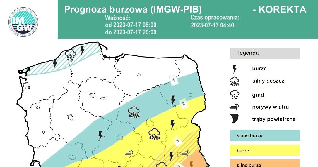 W poniedziałek burze będą miały miejsce w centrum, na południu i na wschodzie Polski. Lokalnie może spaść grad i wiać silny wiatr /IMGW /