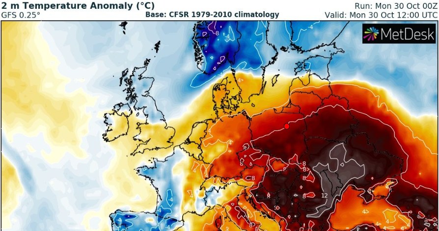 W poniedziałek do Polski napłynie masa ciepłego powietrza. Najcieplej będzie na południu kraju /wxcharts /