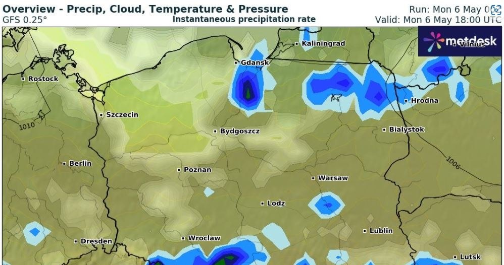W poniedziałek na burze trzeba będzie uważać po południu szczególnie na południu i wschodzie Polski /wxcharts /