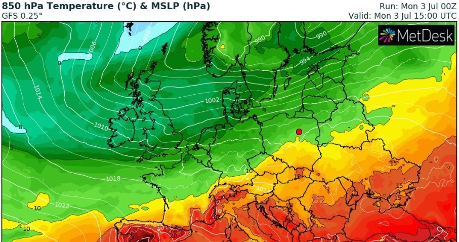 W poniedziałek na północy kraju będzie chłodniej niż na południu. Tam bardziej prawdopodobne też przelotne deszcze /wxcharts /