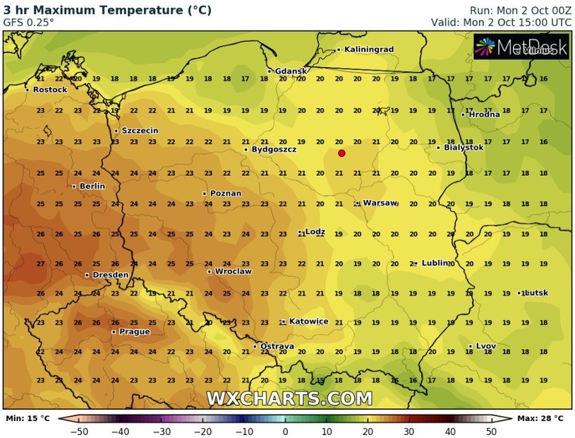 W poniedziałek najcieplej będzie na zachodzie, w centrum i na południowym zachodzie Polski: tam temperatury sięgną nawet 25 st. C /wxcharts /