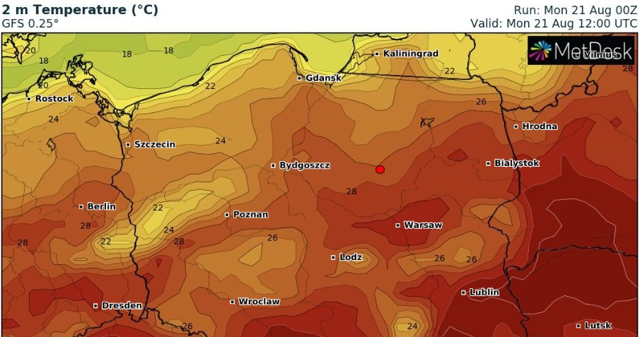 W poniedziałek najgoręcej będzie na południowym wschodzie kraju - nawet 32 st. C /wxcharts /