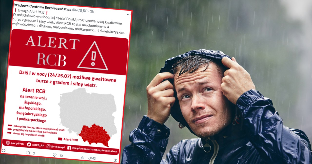 W poniedziałek ogłoszono alert RCB dla czterech województw na południu Polski /123rf/RCB/Twitter /