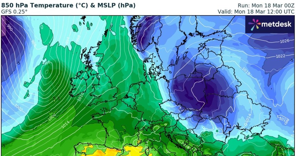 W poniedziałek Polska znajduje się w strefie chłodnego powietrza napływającego z północy. Wszędzie trzeba liczyć się z przymrozkami /wxcharts /