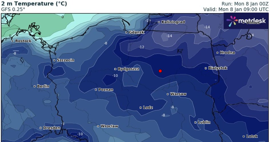 W poniedziałek temperatura w niektórych miejscach kraju wyniesie kilkanaście stopni Celsjusza poniżej zera /wxcharts /