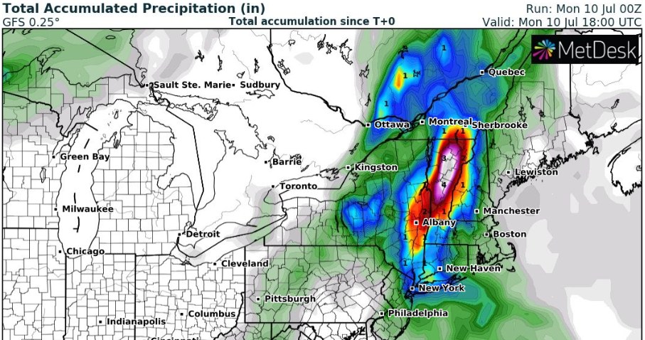 W poniedziałek ulewne deszcze nawiedzą wschodnią część w USA /wxcharts /