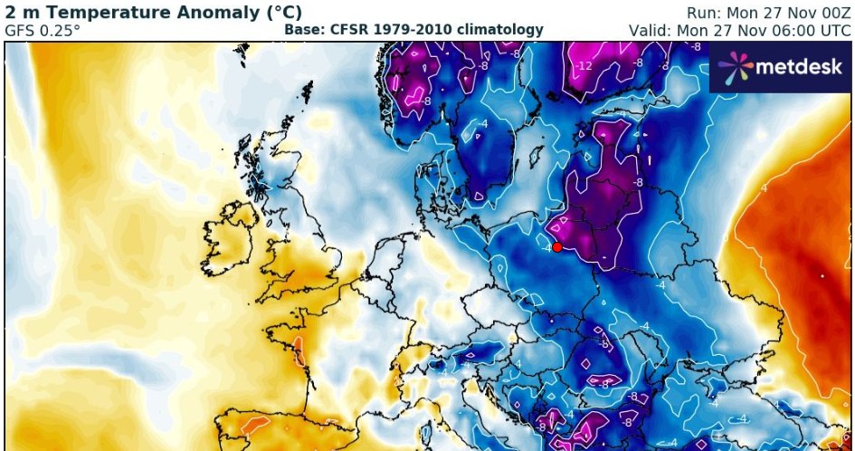 W poniedziałek w naszym kraju będzie zimno w ciągu dnia, a w nocy miejscami może być nawet -12 st. C /wxcharts /