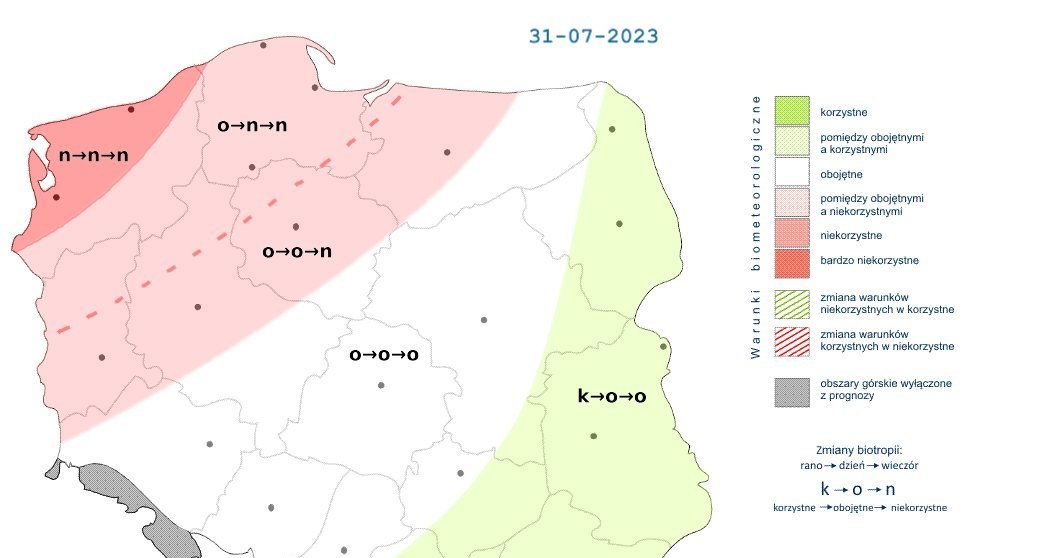 W poniedziałek w północno-zachodniej części kraju trzeba się liczyć z obojętnymi warunkami, które będą słabnąć do niekorzystnych /IMGW /