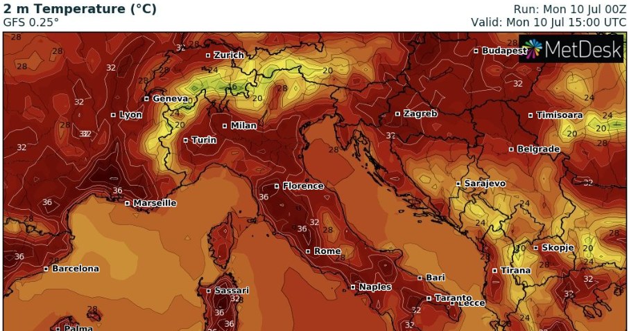 W poniedziałek w Rzymie i w Rieti ogłoszono czerwony alarm. W kolejnych dniach ogłoszony zostanie też w innych miastach /wxcharts