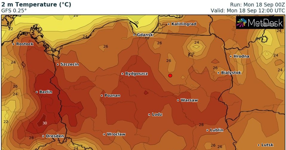 W poniedziałek w większości kraju będzie ciepło, z temperaturami sięgającymi 29 st. C /wxcharts /