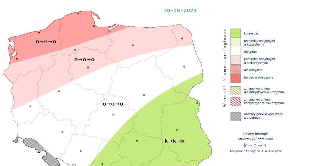 W poniedziałek warunki biometeorologiczne przeważnie będą korzystne lub obojętne. Lokalnie mogą być też niekorzystne /IMGW /