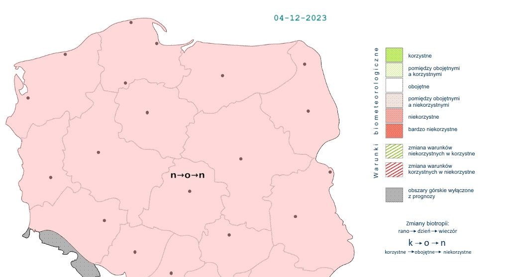 W poniedziałek warunki biometeorologiczne przeważnie będą niekorzystne, choć w ciągu dnia przejściowo również obojętne /IMGW /
