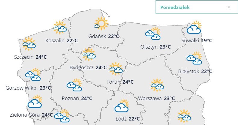 W poniedziałek wciąż będzie ciepło, ale pojawia się też zachmurzenie /IMGW /