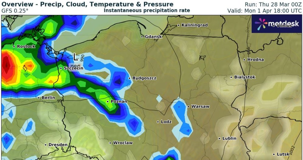 W Poniedziałek Wielkanocny zrobi się bardziej deszczowo, szczególnie na zachodzie. Lokalnie możliwe będą burze /wxcharts /