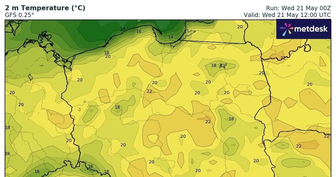 W praktycznie całej Polsce doświadczymy temperatur na poziomie około 20 stopni Celsjusza lub nieco większych /wxcharts /