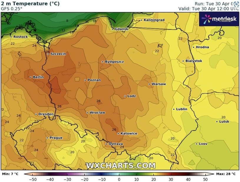 W praktycznie całej Polsce temperatury nie spadną poniżej 20 stopni Celsjusza. Na najcieplejszym zachodzie będzie nawet 27 stopni /wxcharts /