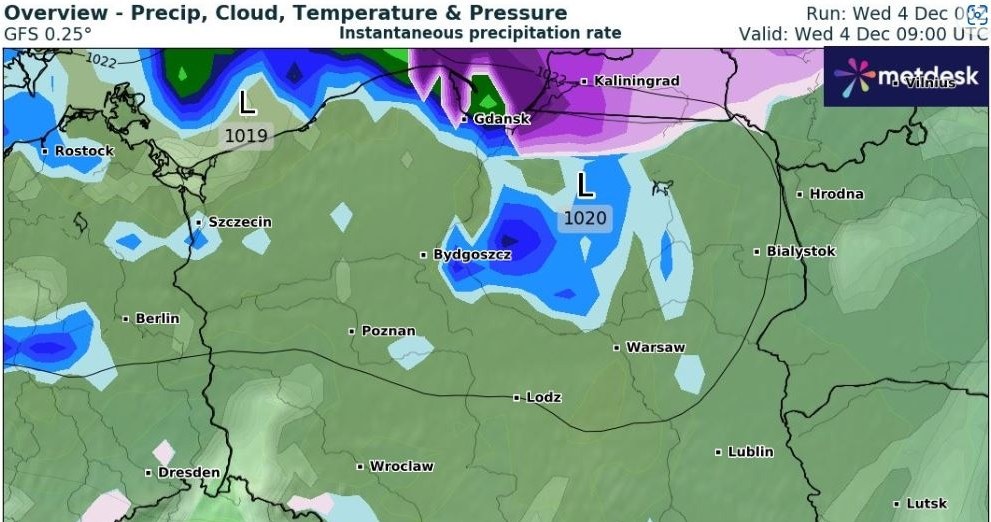 W praktycznie całym kraju trzeba się liczyć z opadami deszczu, deszczu ze śniegiem, a na południu i północy również śniegu /wxcharts /