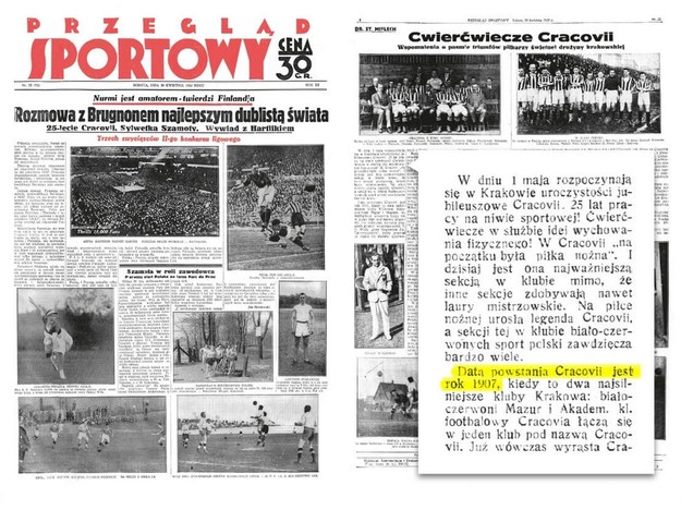W Przeglądzie Sportowym z 1932 roku, jako data założenia Cracovii pojawia się 1907 r. /https://najstarszypolskiklub.pl/przeglad-sportowy.html /