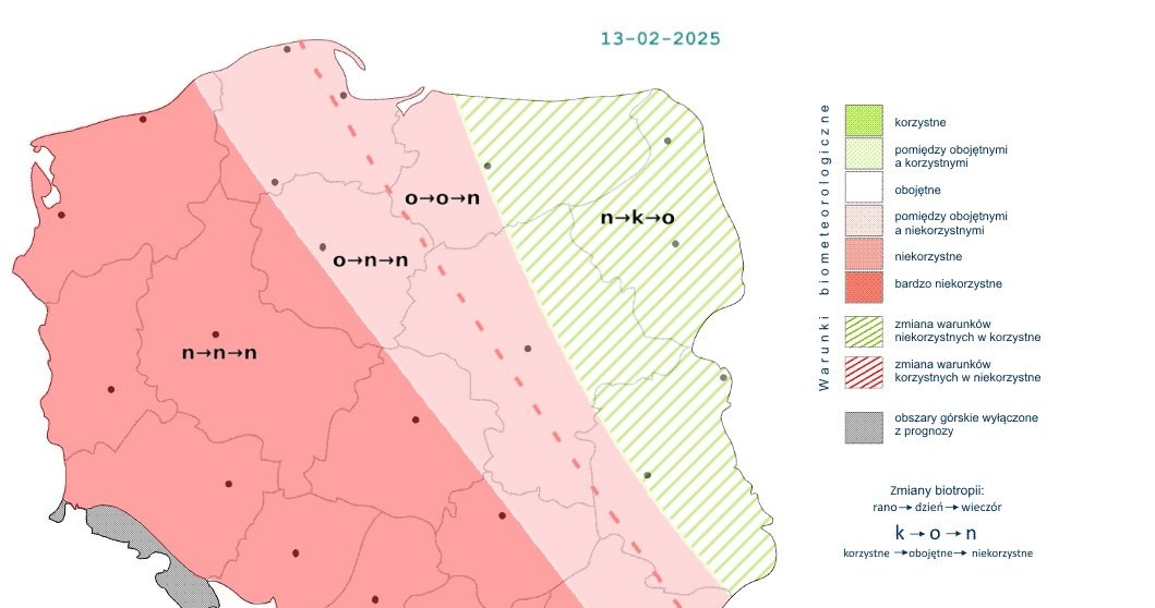 W przeważającej części kraju warunki biometeorologiczne będą niekorzystne lub obojętne. Przejściowo korzystne mogą być na wschodzie /IMGW /