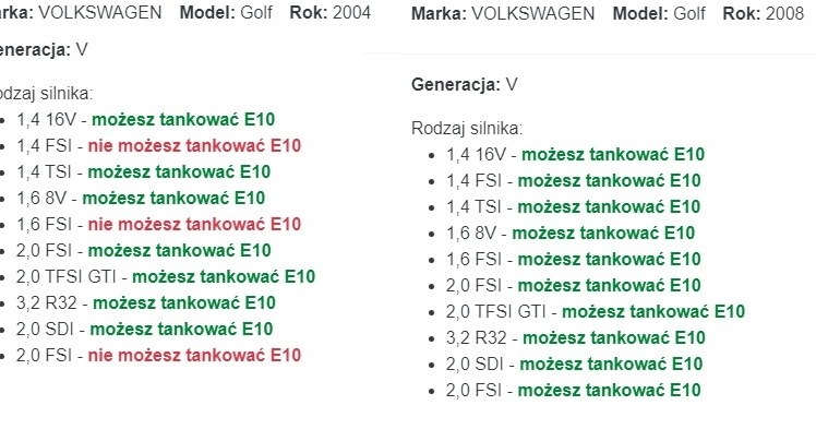 W przypadku Volkswagena Golfa informacje precyzyjne mieszają się z informacją, że benzynę można lać do diesla /Ministerstwo Klimatu i Środowiska /