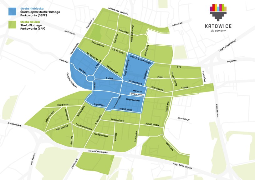 W ramach strefy płatnego parkowania w centrum Katowic utworzono dwie strefy - A (niebieską) i B (zieloną). /katowice.eu /