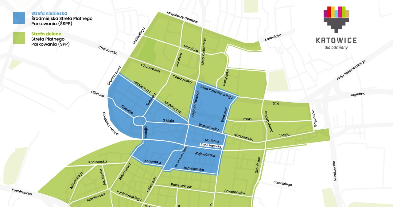 W ramach strefy płatnego parkowania w centrum Katowic utworzono dwie strefy - A (niebieską) i B (zieloną). /katowice.eu /