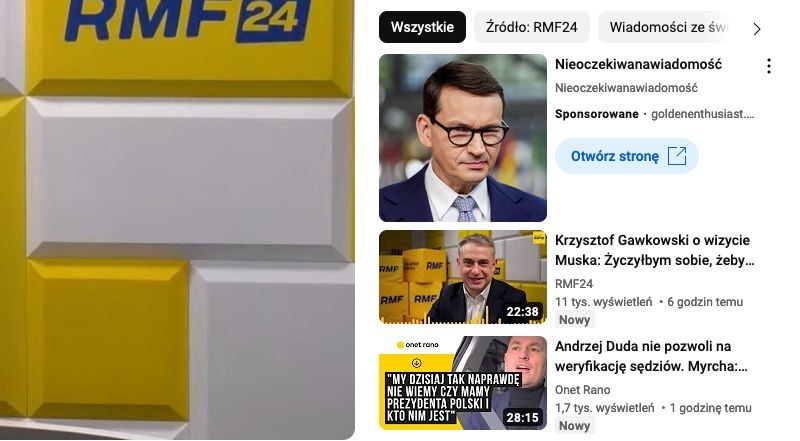 W sekcji Sponsorowane z YouTube'a pojawił się scam, gdzie wykorzystano wizerunek premiera Mateusza Morawieckiego /YouTube/zrzut ekranu /INTERIA.PL