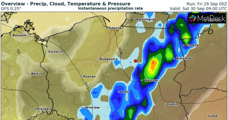 W sobotę front atmosferyczny będzie się przesuwał na południowy wschód kraju. Na wschodzie miejscami możliwe będą burze /wxcharts