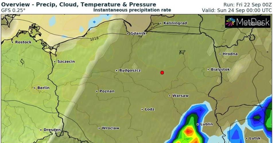 W sobotę na południu kraju może intensywnie padać, lokalnie mogą też pojawić się burze. Ulewy potrwają też w nocy /wxcharts /