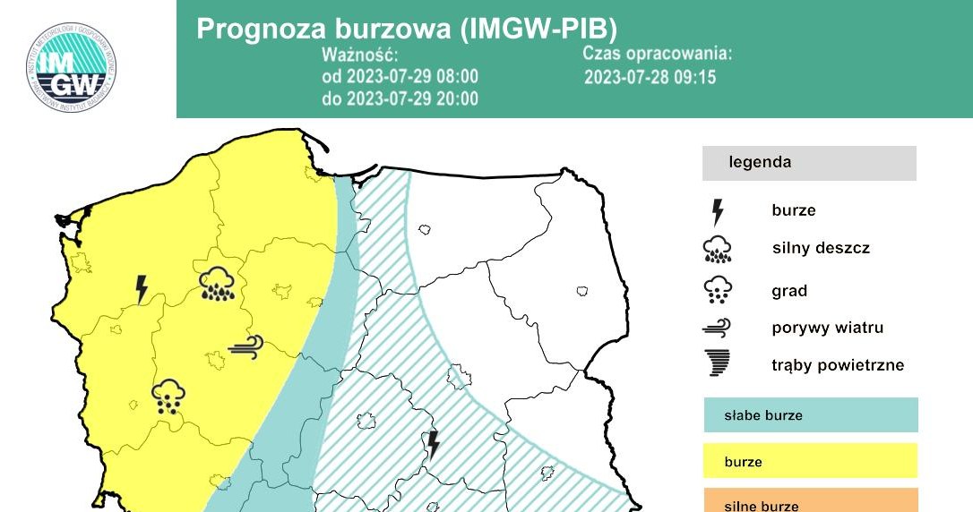 W sobotę najintensywniejsze burze spodziewane są na zachodzie kraju. Lokalnie możliwe opady gradu /IMGW /