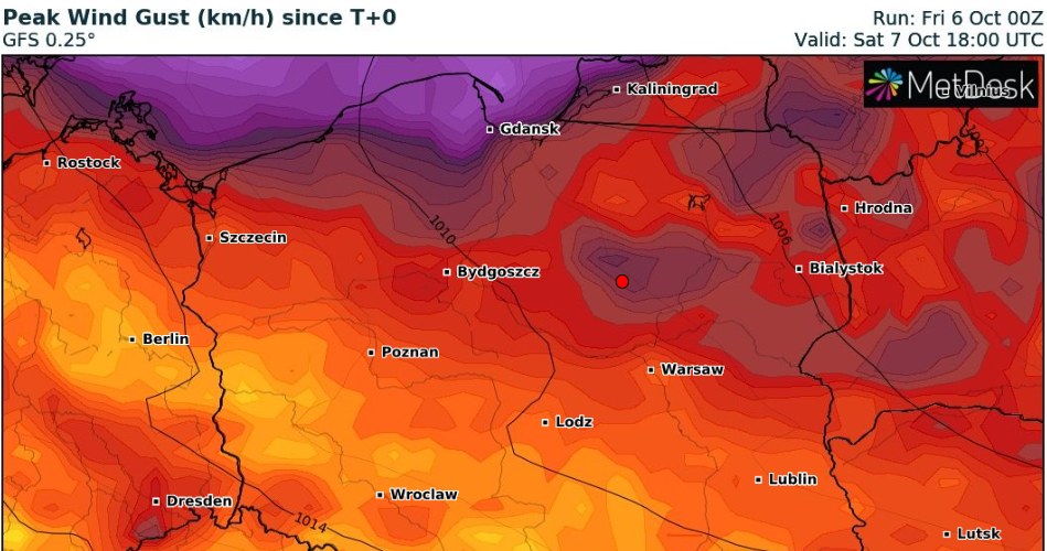 W sobotę najsilniej będzie wiało na północy Polski: ponad 100 km/h /wxcharts /
