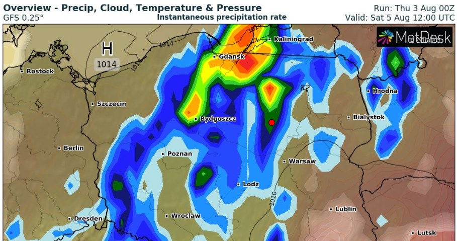 W sobotę, ostatniego dnia festiwalu będzie chłodniej i pochmurnie. Mogą się pojawić przelotne deszcze /wxcharts /