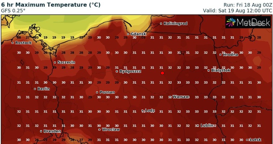 W sobotę temperatury mogą sięgnąć 33 stopni. Upały będą miały miejsce w większości kraju /wxcharts /