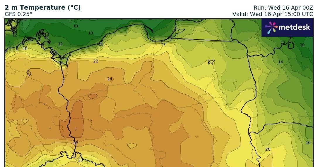 W środę najcieplej będzie na południu i zachodzie kraju - miejscami do około 26 st. C /wxcharts /