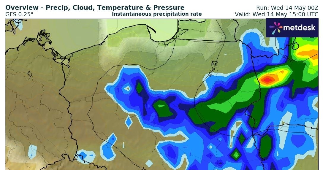 W środę najgorsza pogoda zapanuje na wschodzie Polski. Nie zabraknie deszczu i burz /wxcharts /