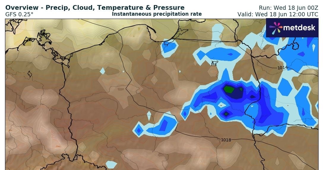 W środę najtrudniejsze warunki zapanują na północnym wschodzie. Tam możliwe będą słabe burze /wxcharts /